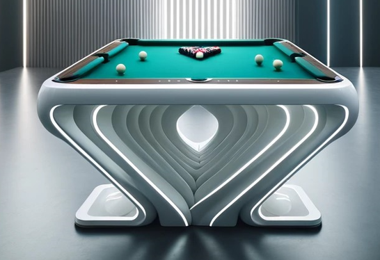 An exclusive modern white billiards table with LED lights on the base, featuring a stainless steel frame and green felt surface, positioned in a contemporary setting.