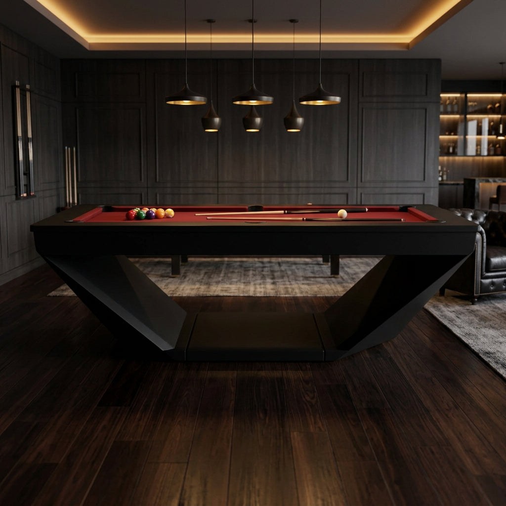 Caesar pool table in navy blue with orange cloth and orange open base