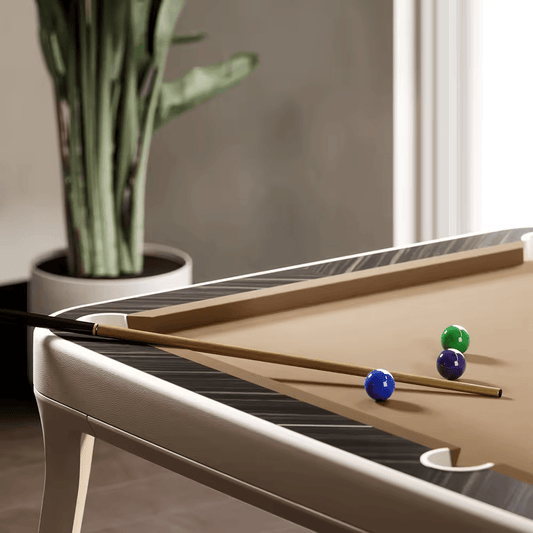 IN STOCK The Morris Modern Slate Leather Pool Table By White Billiards - Oatmeal Leather - Makassar Wood Rails