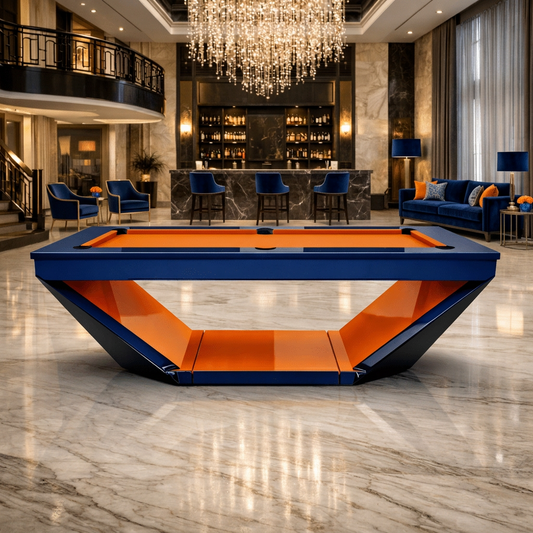 Caesar luxury pool table in navy and orange in a marble hotel lobby with chandelier