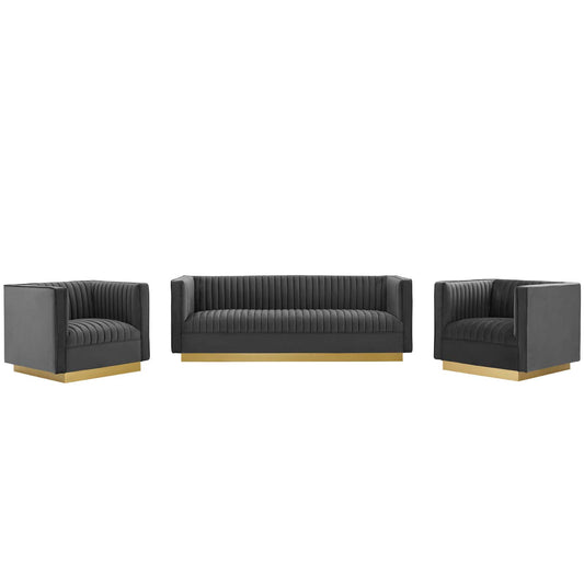 Sanguine 3 Piece Vertical Channel Tufted Upholstered Performance Velvet Set by Modway