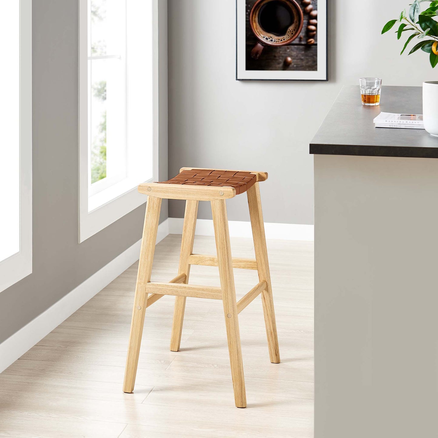 Saoirse Leather Wood Bar Stool Set of 2 by Modway