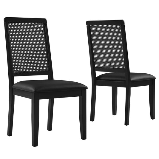 Arlo Vegan Leather Upholstered Faux Rattan and Wood Dining Side Chairs Set of 2 by Modway