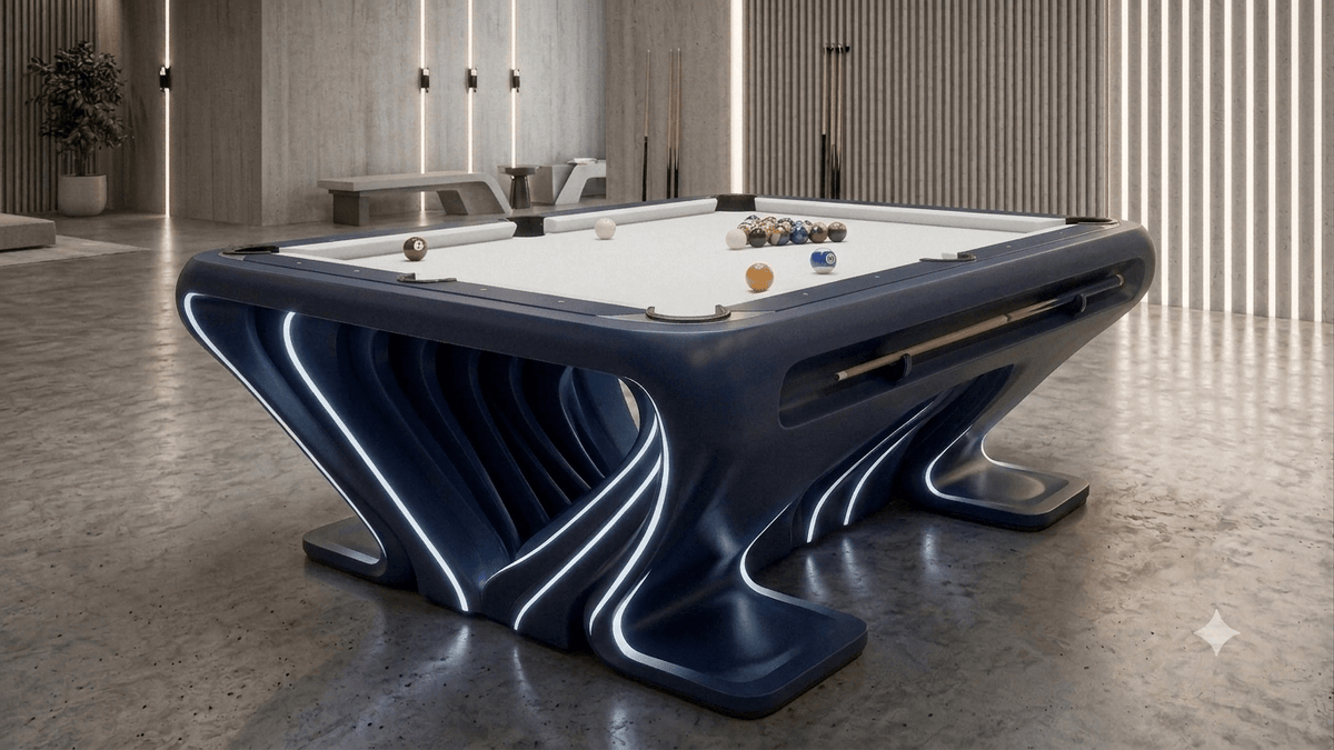 Stelva modern slate LED pool table in navy with white cloth and LED-lined base