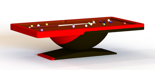 Dome modern slate pool table in red and black, angled view