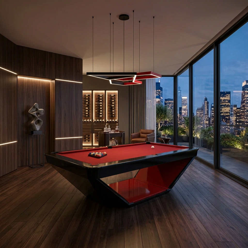 Caesar modern slate pool table in black with red cloth and red open base