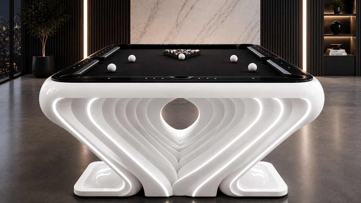 White Billiards Stelva modern slate LED pool table in white with black cloth and sculpted LED-lined base
