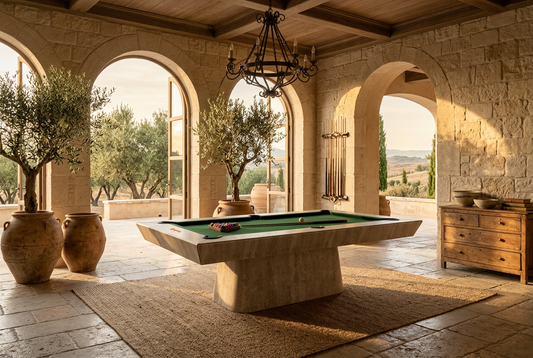 White Billiards Terra modern slate pool table in travertine stone with green cloth in a Mediterranean villa