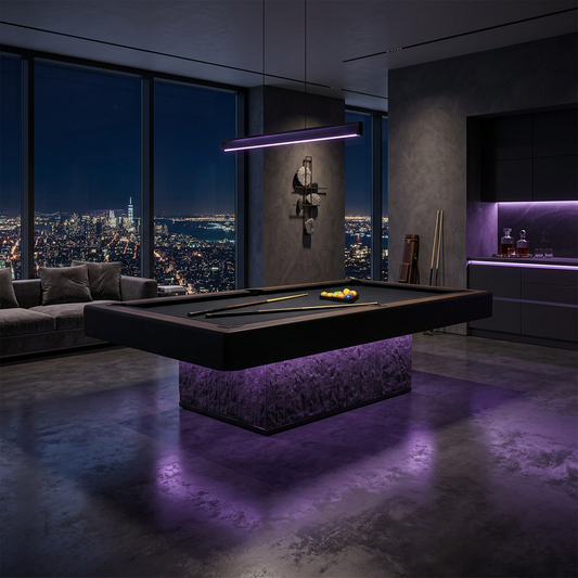 White Billiards Velar modern slate pool table in black with a glowing purple LED base in a city-view penthouse at night