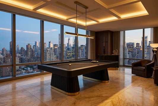 White Billiards Nora modern slate pool table in black with fluted pedestal legs in a city-view penthouse game room
