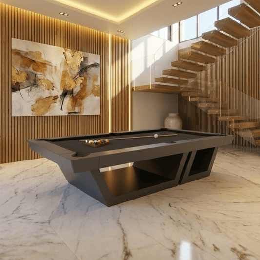 Axel modern slate pool table in black in a luxury room with a floating staircase