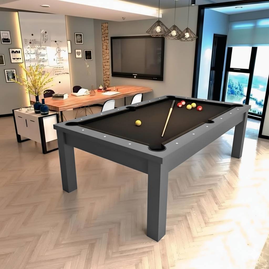 IN STOCK White Billiards Alpha Modern Slate Dining Top Pool Table 8ft + Dining Top + 2 Benches - Gray