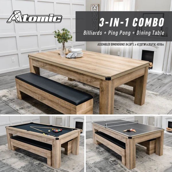Atomic Pool Atomic Hampton 3-In-1 Combo Table Billiards + Ping Pong + Dining ...