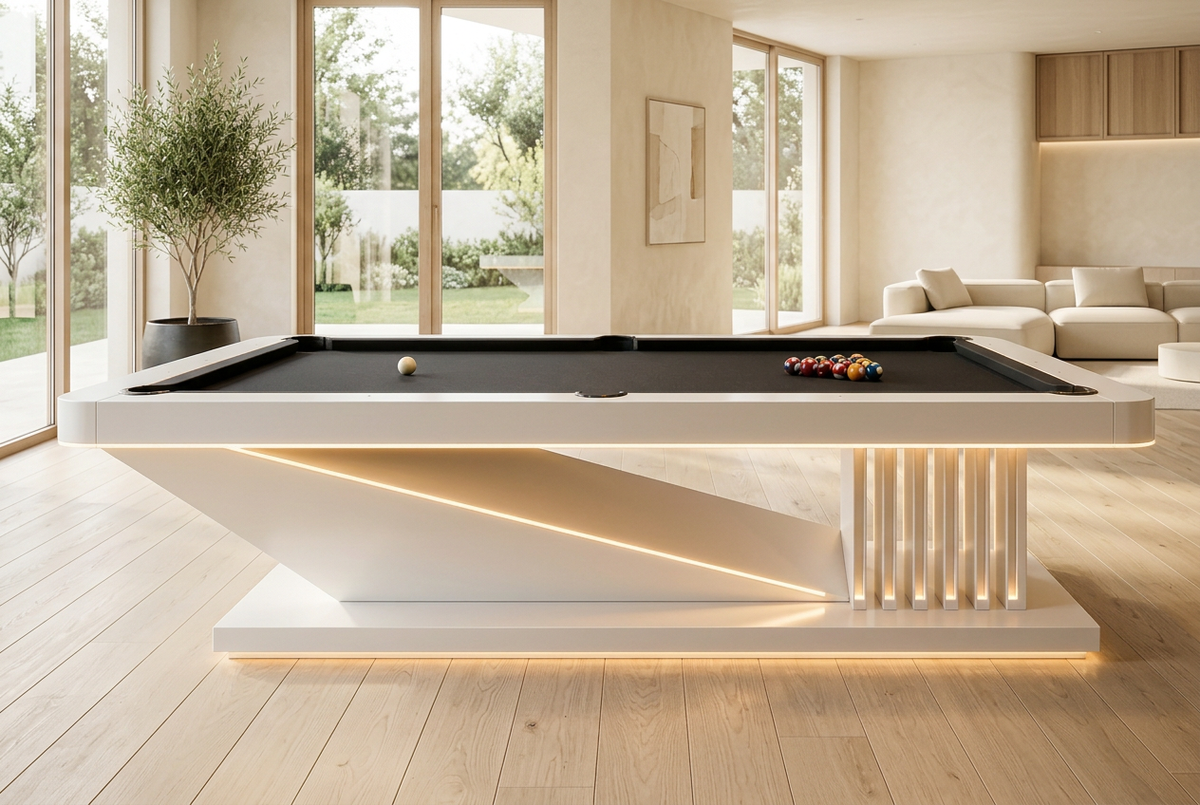 White pool table in a bright contemporary game room